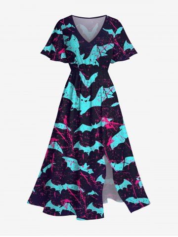 Plus Size Halloween Costume Bat Blood Print Split Midi Dress - BLACK - 6X