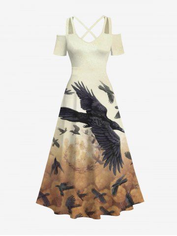 Plus Size Halloween Costume Eagles Swirls Sand Ombre Colorblock Print Cold Shoulder Crisscross Maxi Dress - MULTI-A - S