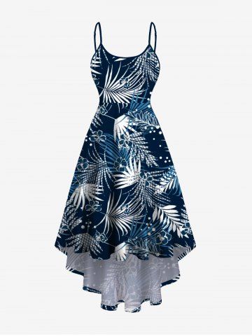 Plus Size Tropical Leaves Floral Print Hawaii High Low Asymmetric Cami Dress - MIDNIGHT BLUE - XS