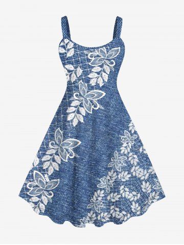 Plus Size 3D Embroidery Butterfly Floral Leaf Denim Print Hawaii A Line Tank Dress - BLUE GRAY - 1X