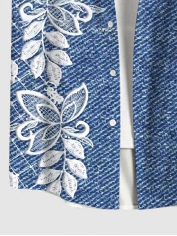 Plus Size 3D Embroidery Butterfly Floral Leaf Denim Print Hawaii Button Pocket Shirt For Men