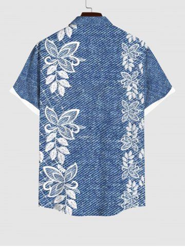 Plus Size 3D Embroidery Butterfly Floral Leaf Denim Print Hawaii Button Pocket Shirt For Men