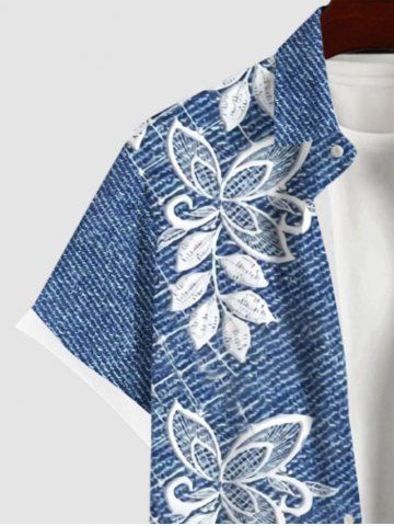 Plus Size 3D Embroidery Butterfly Floral Leaf Denim Print Hawaii Button Pocket Shirt For Men