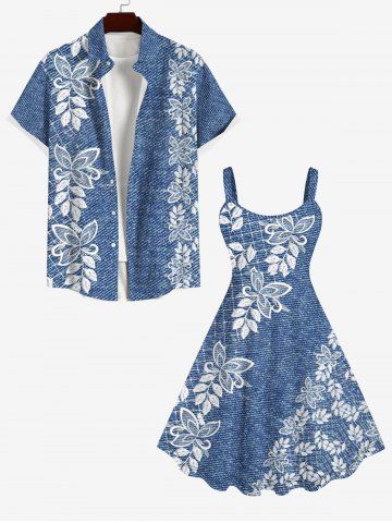 3D Embroidery Butterfly Floral Leaf Denim Print Plus Size Matching Hawaii Beach Outfit For Couples - BLUE GRAY
