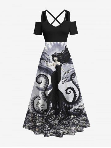 Plus Size Octopus Wizard Snake Monster Ink Painting Print Halloween Costume Crisscross A Line Maxi Dress - BLACK - 3X