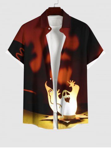 Plus Size Ghost Fire Flame Print Halloween Ombre Button Pocket Shirt For Men - RED - S