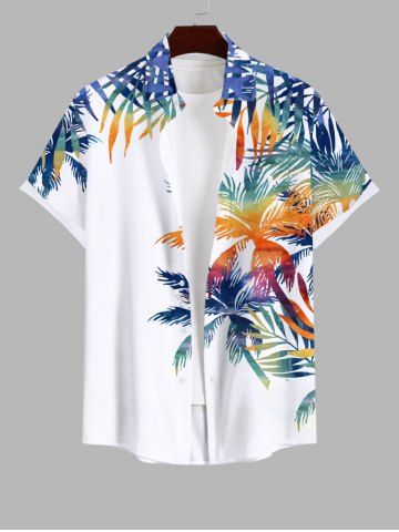 Plus Size Colorful Coconut Tree Tropical Leaves Print Hawaii Button Pocket Shirt For Men - WHITE - 3XL