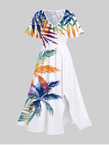 Plus Size Colorful Coconut Tree Tropical Leaves Print Hawaii Split Pocket A Line Midi Dress - WHITE - XS