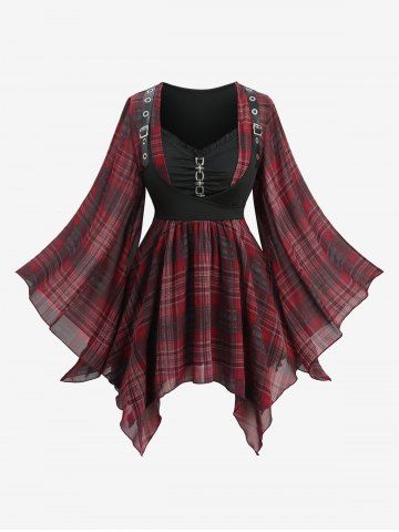 Plus Size Flare Sleeves Plaid Print Chain Ruched PU Strap Buckle Grommet Asymmetric Corset Blouse - DEEP RED - M | US 10