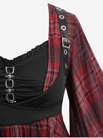 Gothic Plus Size Flare Sleeves Plaid Print Chain Ruched PU Strap Buckle Grommet Asymmetric Corset Blouse