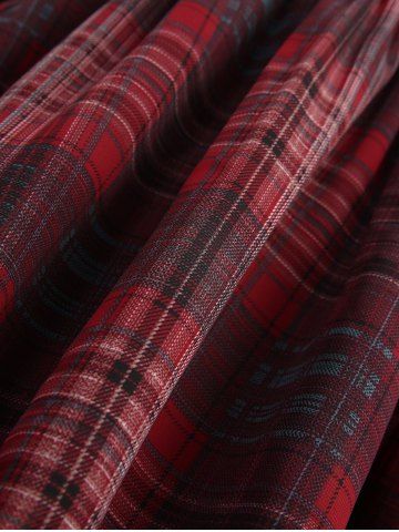 Gothic Plus Size Flare Sleeves Plaid Print Chain Ruched PU Strap Buckle Grommet Asymmetric Corset Blouse