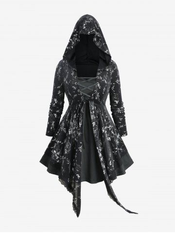 Plus Size Rose Flower Print Lace Up Layered Asymmetric Hooded Long Sleeves Top - BLACK - M | US 10