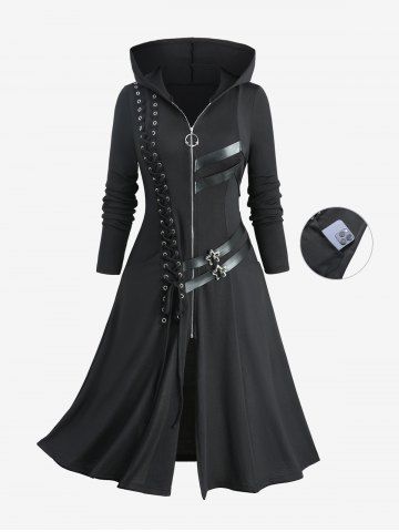 Plus Size Lace Up Grommets Star Buckle PU Leather Stripes Zip Up Hooded Coat - BLACK - M | US 10