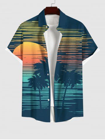 Plus Size Coconut Tree Sea Sun Synthwave Print Buttons Pocket Hawaii Shirt For Men