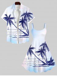 Hand Painted Coconut Tree Sun Sea Print Plus Size Matching Hawaii Beach Outfit For Couples -  