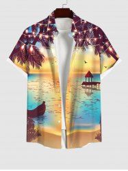 Plus Size Tropical Leaf Light Boat Bridge Ombre Sea Birds Print Buttons Pocket Hawaii Shirt For Men -  