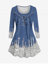Plus Size Grommets Lace Up Sparkling Sequin Paint Drops Dnim 3D Print T-shirt -  