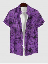 Plus Size Halloween Spider Web Print Buttons Pocket Shirt For Men -  