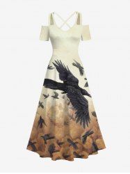 Plus Size Halloween Costume Eagles Swirls Sand Ombre Colorblock Print Cold Shoulder Crisscross Maxi Dress -  