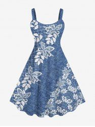 Plus Size 3D Embroidery Butterfly Floral Leaf Denim Print Hawaii A Line Tank Dress -  