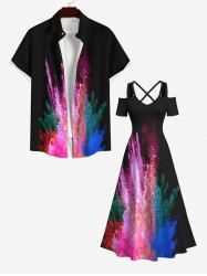 Colorful Smoke Bomb Painting Splatter Print Plus Size Matching Hawaii Beach Outfit For Couples -  
