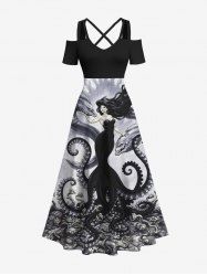 Plus Size Octopus Wizard Snake Monster Ink Painting Print Halloween Costume Crisscross A Line Maxi Dress -  