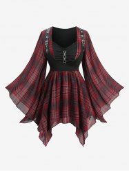 Gothic Plus Size Flare Sleeves Plaid Print Chain Ruched PU Strap Buckle Grommet Asymmetric Corset Blouse -  