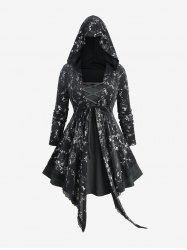 Plus Size Rose Flower Print Lace Up Layered Asymmetric Hooded Long Sleeves Top -  