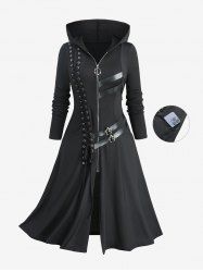 Plus Size Lace Up Grommets Star Buckle PU Leather Stripes Zip Up Hooded Coat -  