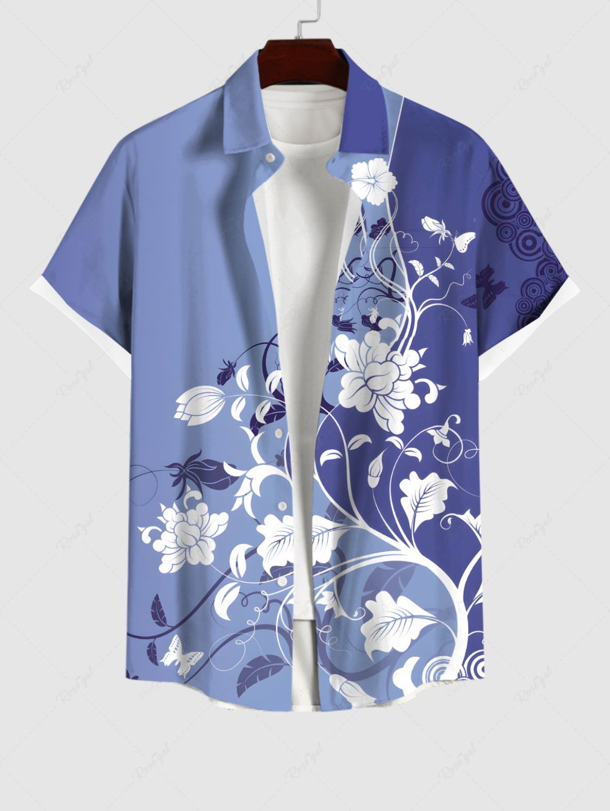 Fancy Plus Size Flowers Leaf Curve Colorblock Print Buttons Pocket Hawaii Shirt For Men  