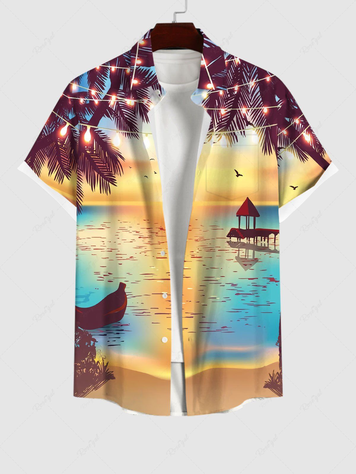 Chic Plus Size Tropical Leaf Light Boat Bridge Ombre Sea Birds Print Buttons Pocket Hawaii Shirt For Men  