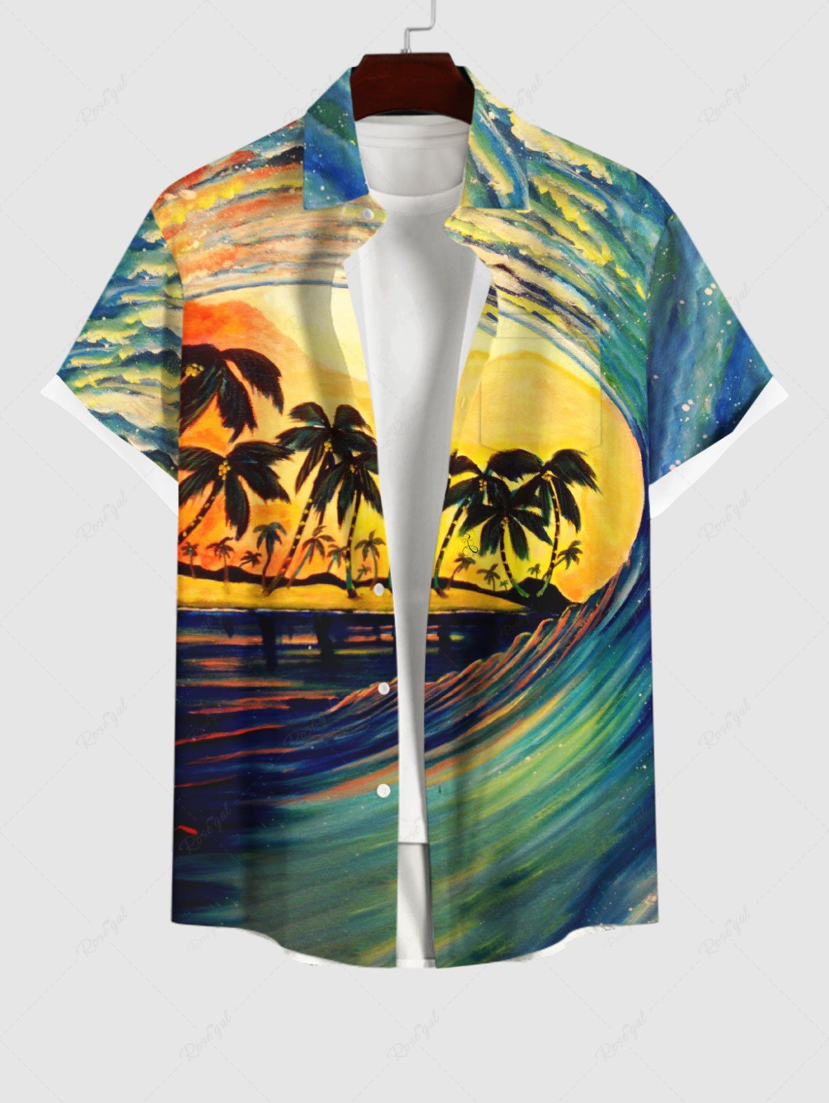 Shop Plus Size Coconut Tree Sea Waves Oil Painting Print Buttons Pocket Hawaii Shirt For Men  