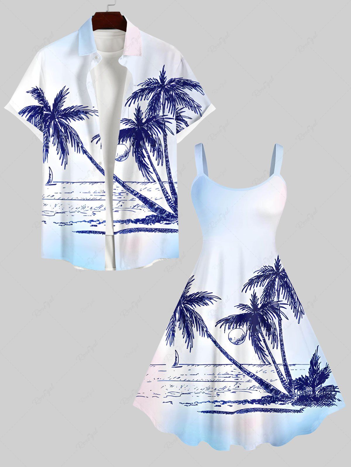 Latest Hand Painted Coconut Tree Sun Sea Print Plus Size Matching Hawaii Beach Outfit For Couples  