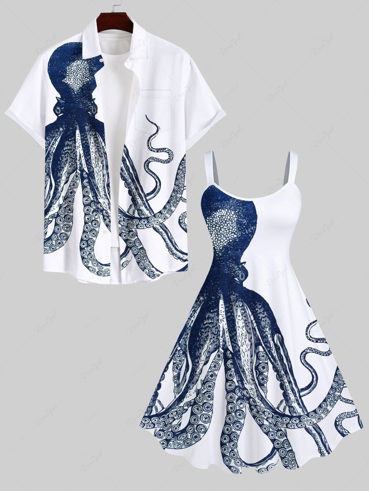 Chic Octopus Print Plus Size Matching Beach Outfit For Couples  