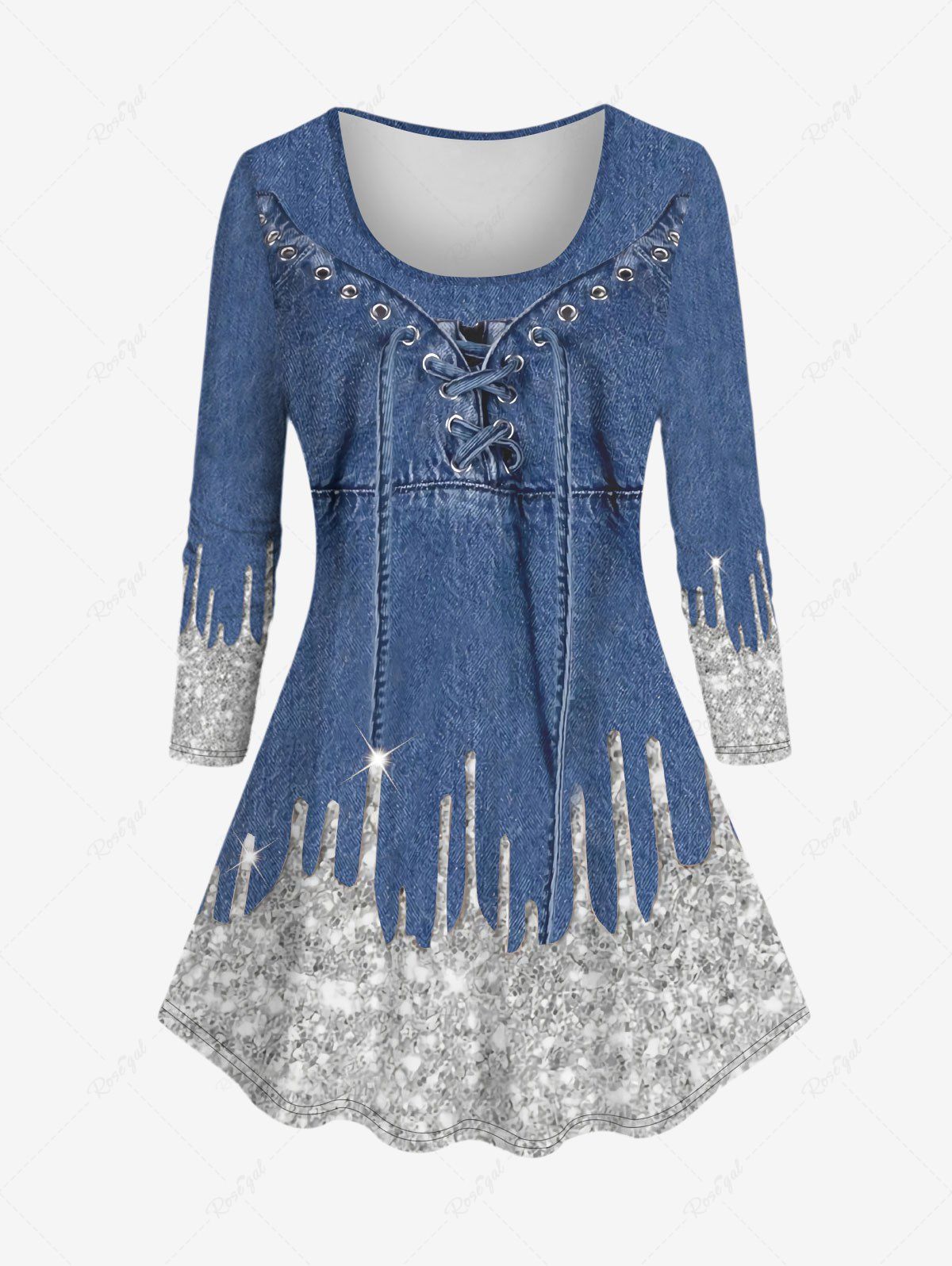 Outfit Plus Size Grommets Lace Up Sparkling Sequin Paint Drops Dnim 3D Print T-shirt  