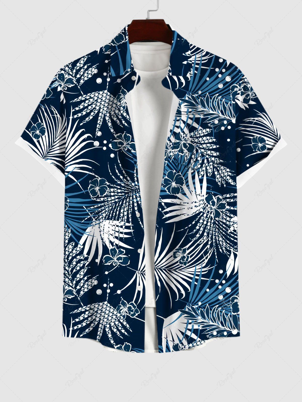 Chic Plus Size Tropical Leaves Floral Print Hawaii Button Pocket Shirt For Men  