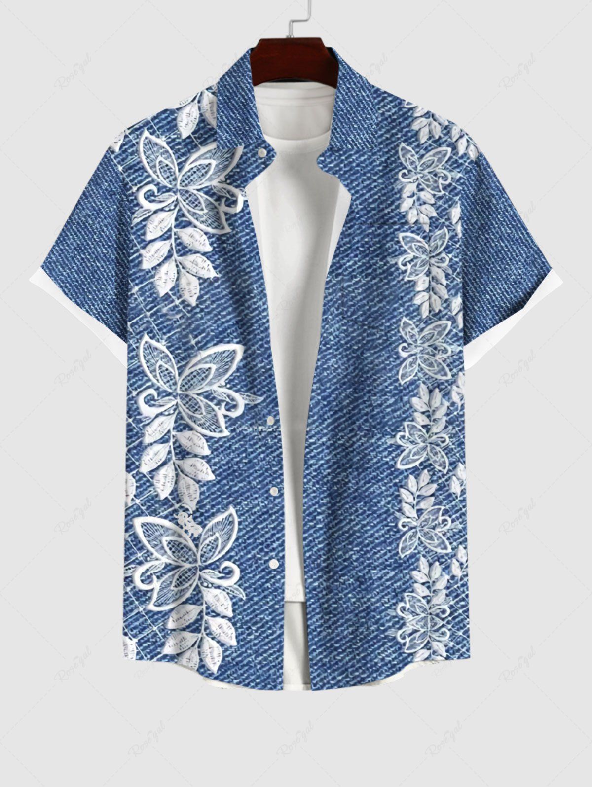 Store Plus Size 3D Embroidery Butterfly Floral Leaf Denim Print Hawaii Button Pocket Shirt For Men  
