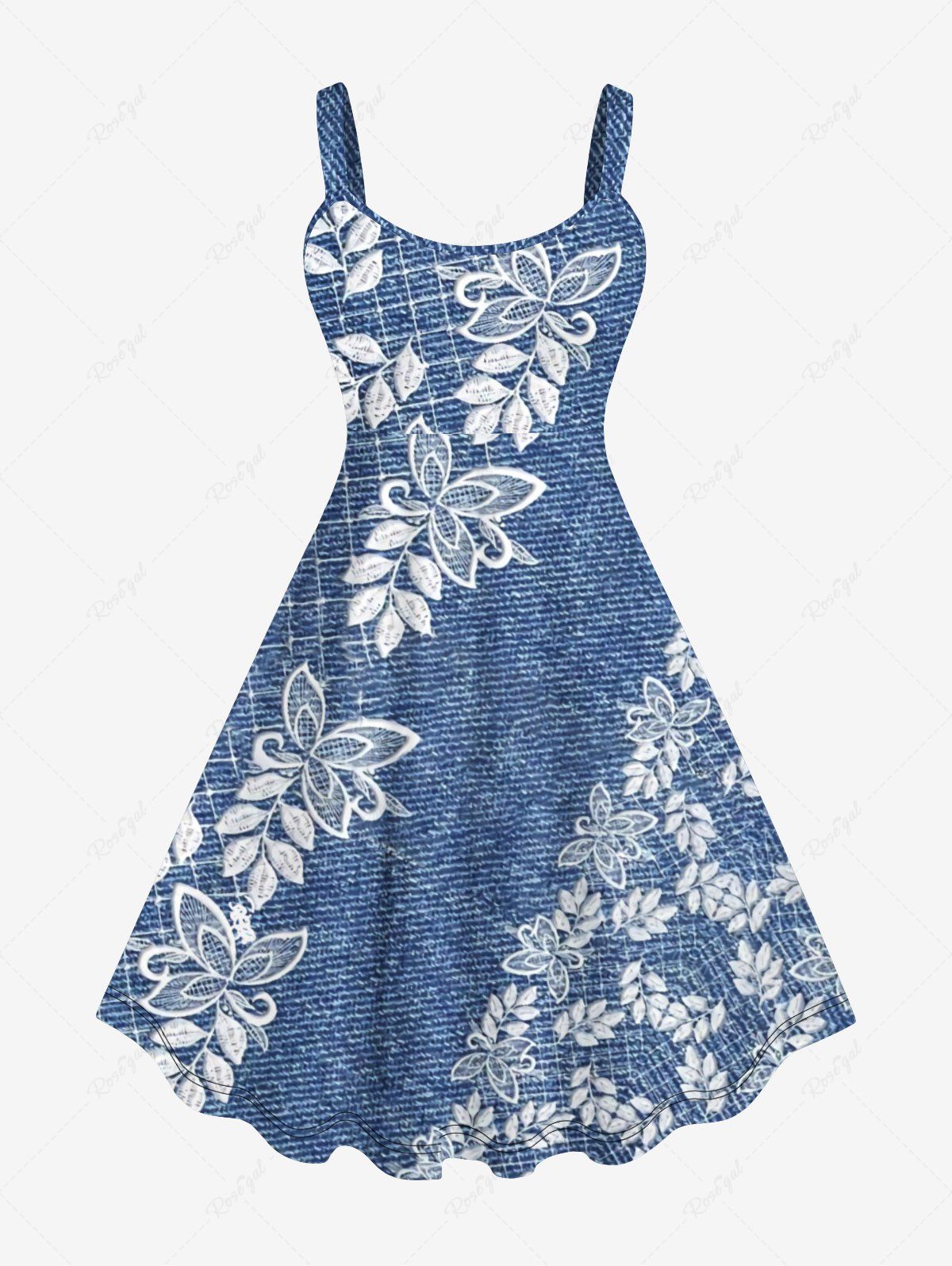 Trendy Plus Size 3D Embroidery Butterfly Floral Leaf Denim Print Hawaii A Line Tank Dress  
