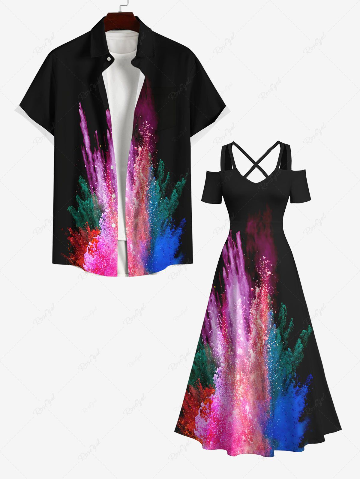 Latest Colorful Smoke Bomb Painting Splatter Print Plus Size Matching Hawaii Beach Outfit For Couples  