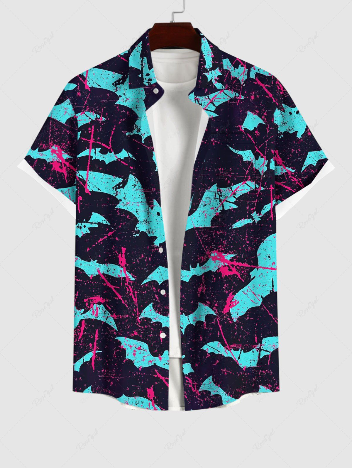 Buy Plus Size Halloween Bat Blood Print Buttons Pocket Shirt For Men  