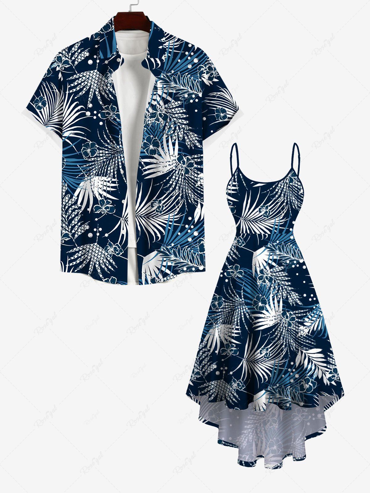 Trendy Tropical Leaves Floral Print Plus Size Matching Hawaii Beach Outfit For Couples  