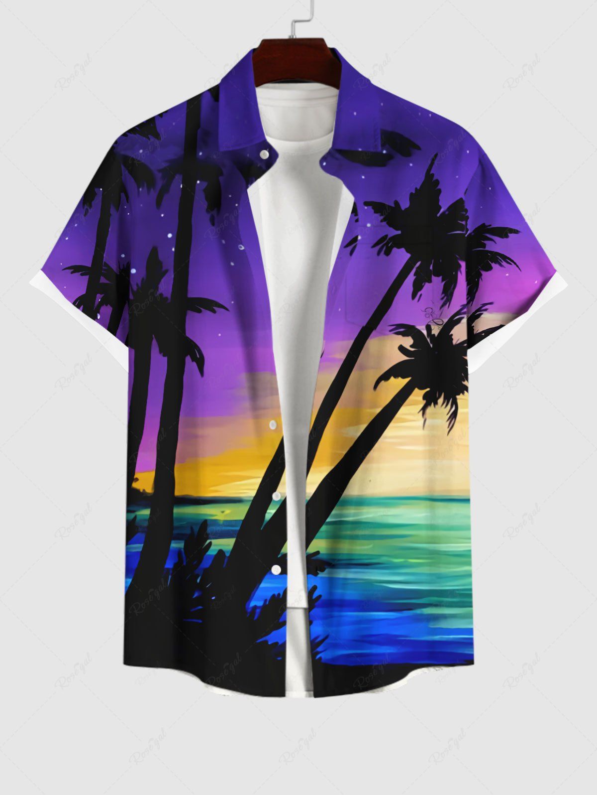 Best Plus Size Coconut Tree Painting Sea Ombre Galaxy Print Hawaii Button Pocket Shirt For Men  