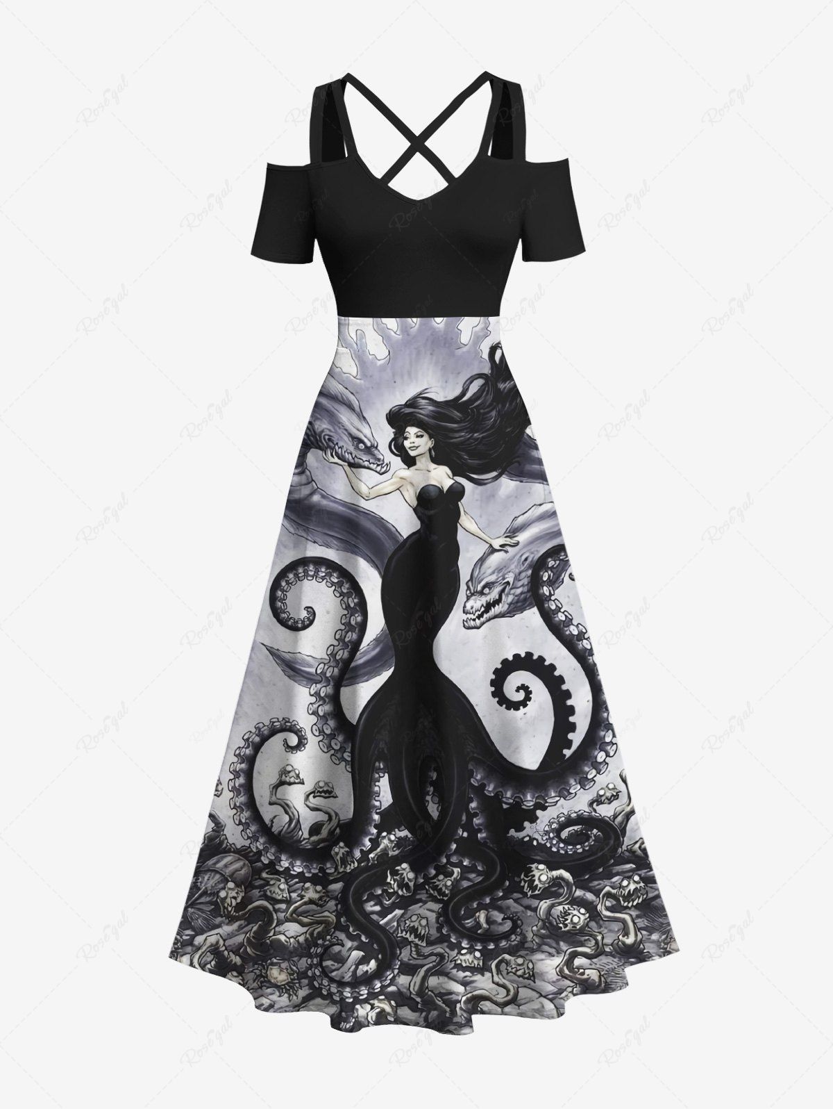 Outfit Plus Size Octopus Wizard Snake Monster Ink Painting Print Halloween Costume Crisscross A Line Maxi Dress  