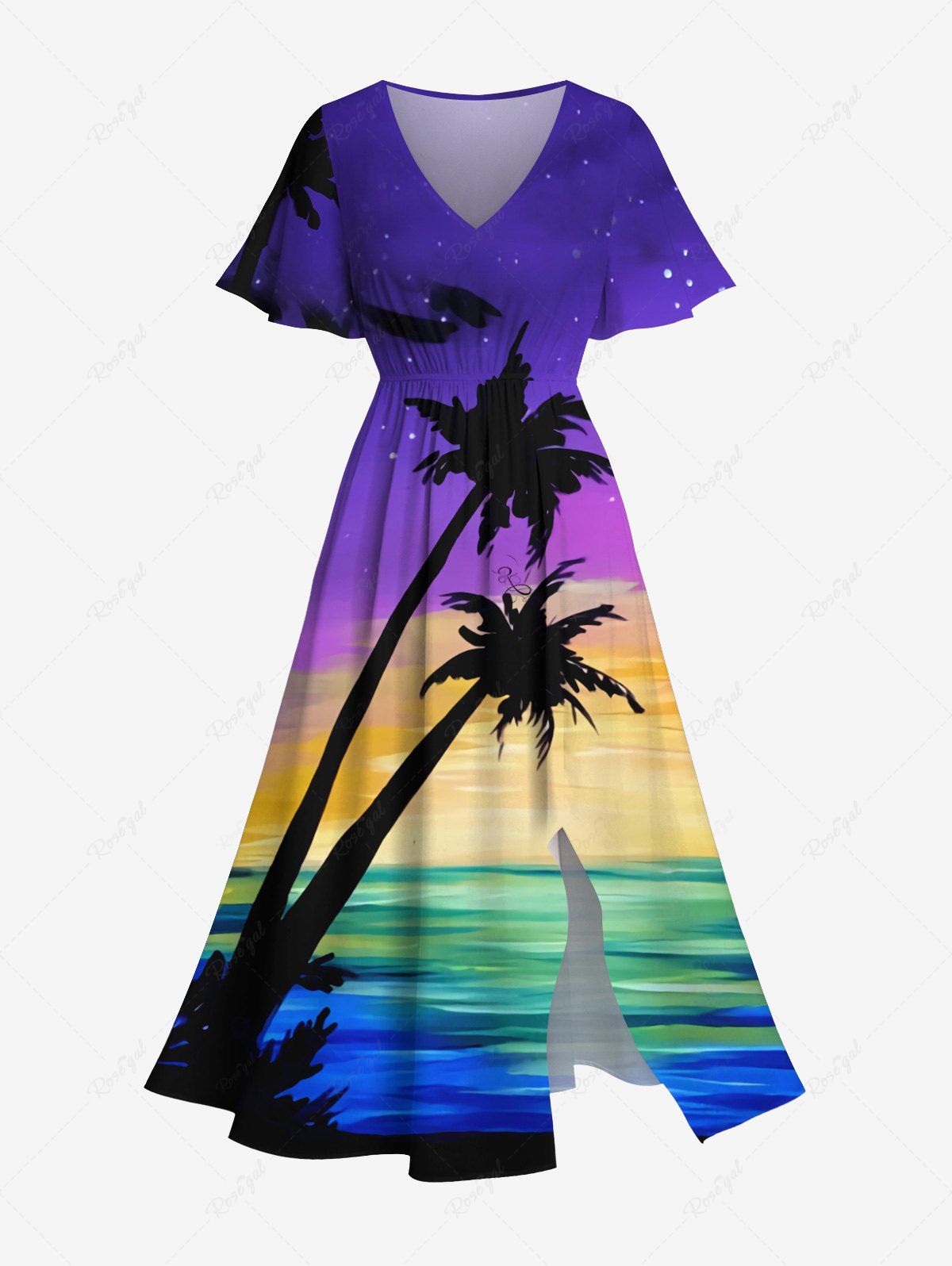 Cheap Plus Size Coconut Tree Painting Sea Ombre Galaxy Print Hawaii Split Pocket A Line Midi Dress  