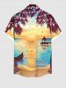 Plus Size Tropical Leaf Light Boat Bridge Ombre Sea Birds Print Buttons Pocket Hawaii Shirt For Men -  