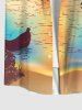 Plus Size Tropical Leaf Light Boat Bridge Ombre Sea Birds Print Buttons Pocket Hawaii Shirt For Men -  