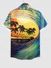 Plus Size Coconut Tree Sea Waves Oil Painting Print Buttons Pocket Hawaii Shirt For Men -  