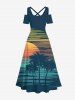 Plus Size Coconut Tree Sea Sun Synthwave Print Cold Shoulder Crisscross Hawaii Maxi Dress -  