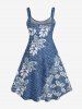 Plus Size 3D Embroidery Butterfly Floral Leaf Denim Print Hawaii A Line Tank Dress -  