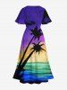 Plus Size Coconut Tree Painting Sea Ombre Galaxy Print Hawaii Split Pocket A Line Midi Dress -  